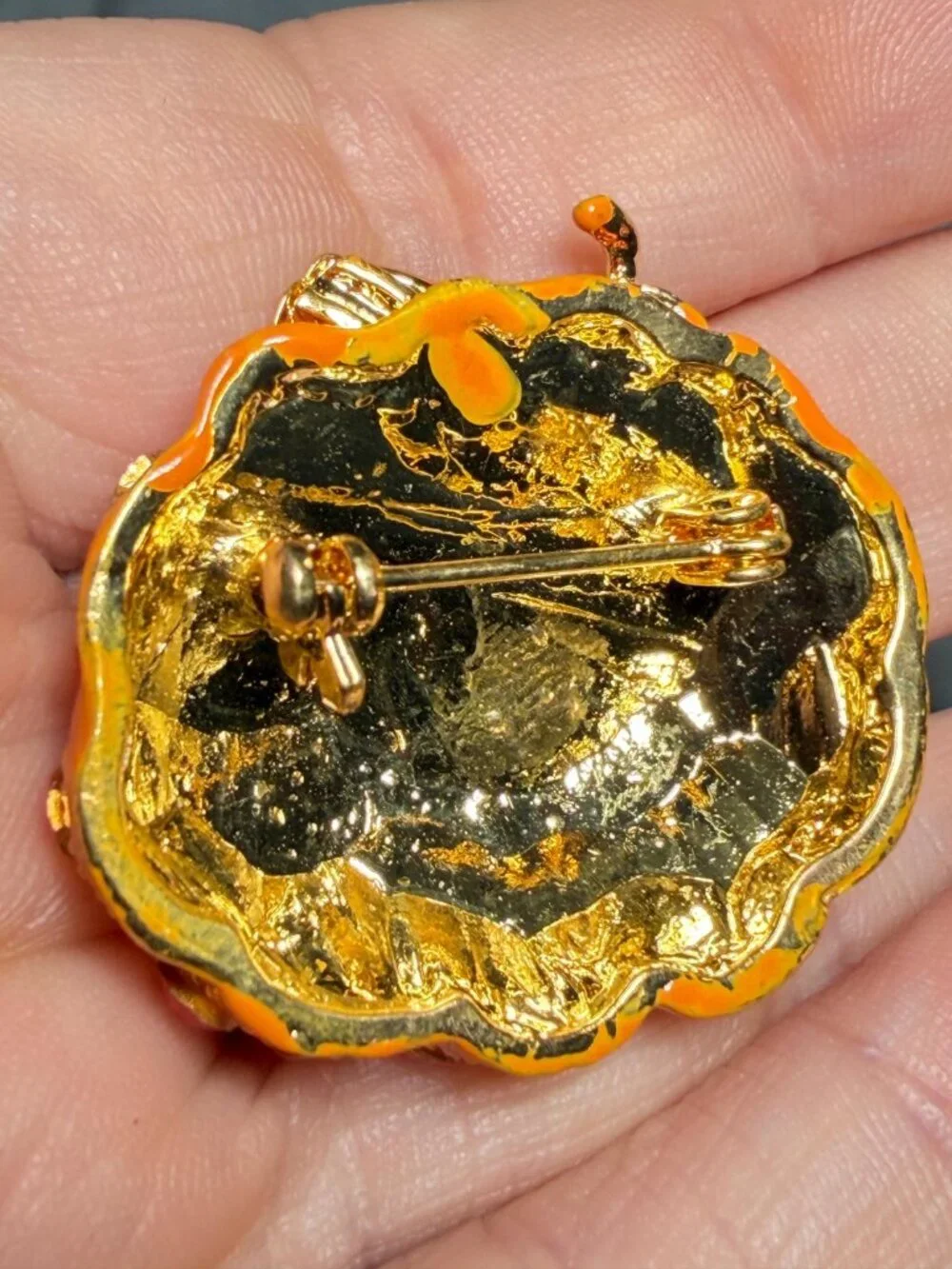 Rhinestone Pumpkin Brooch Orange Enamel Fall Pin Green Stem 1.25
